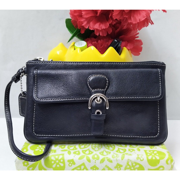 Coach Black Leather Buckle Flap Closure Wristlet - Coin Wallet - Picture 1 of 10